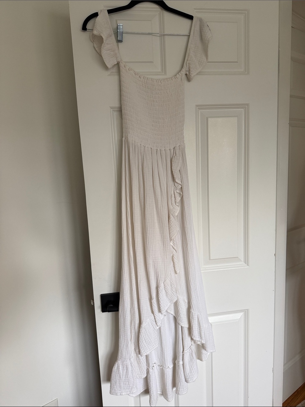 Lucy Love Cream Smocked Off-Shoulder Maxi Dress